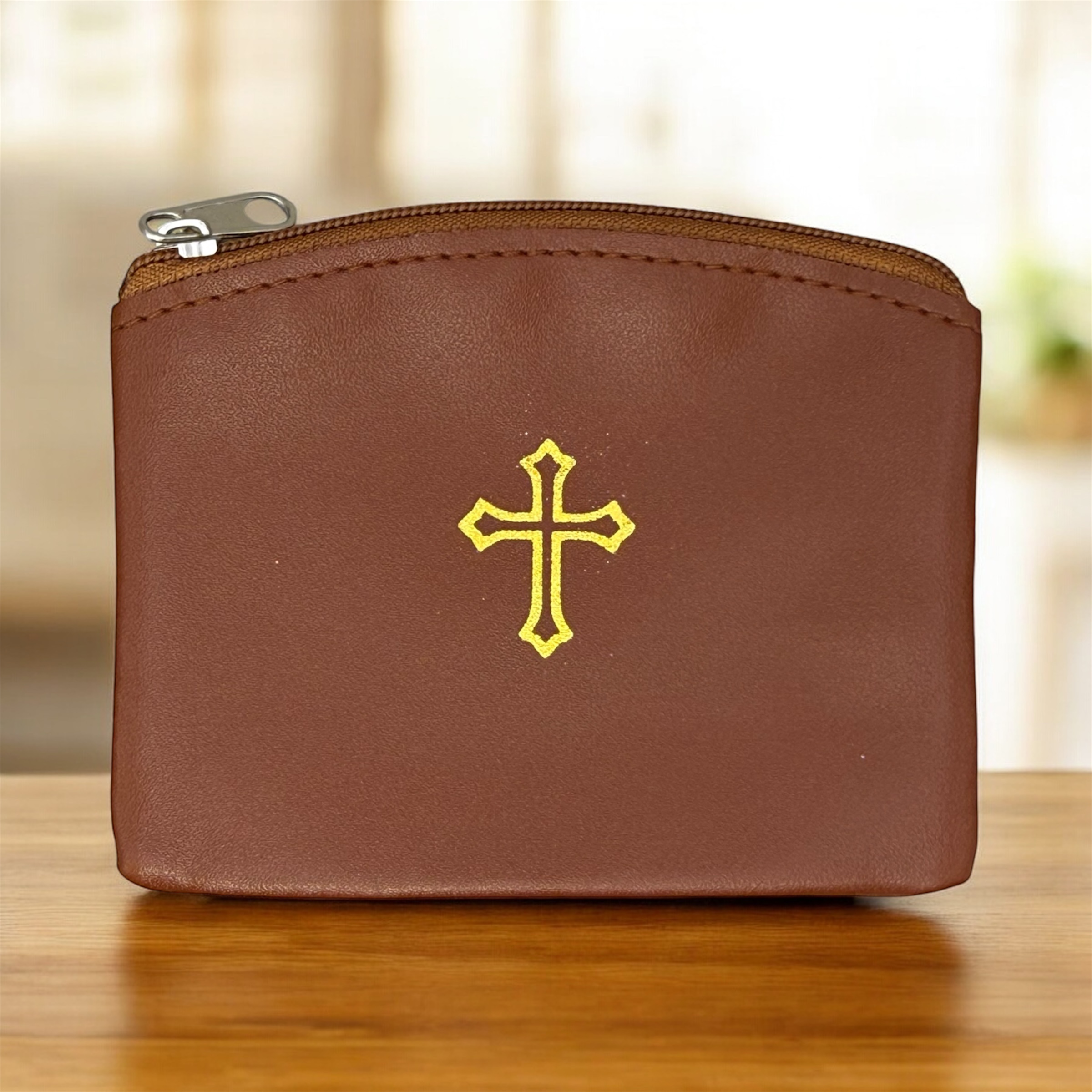 Everyday Rosary Pouch Brown/Gold Cross