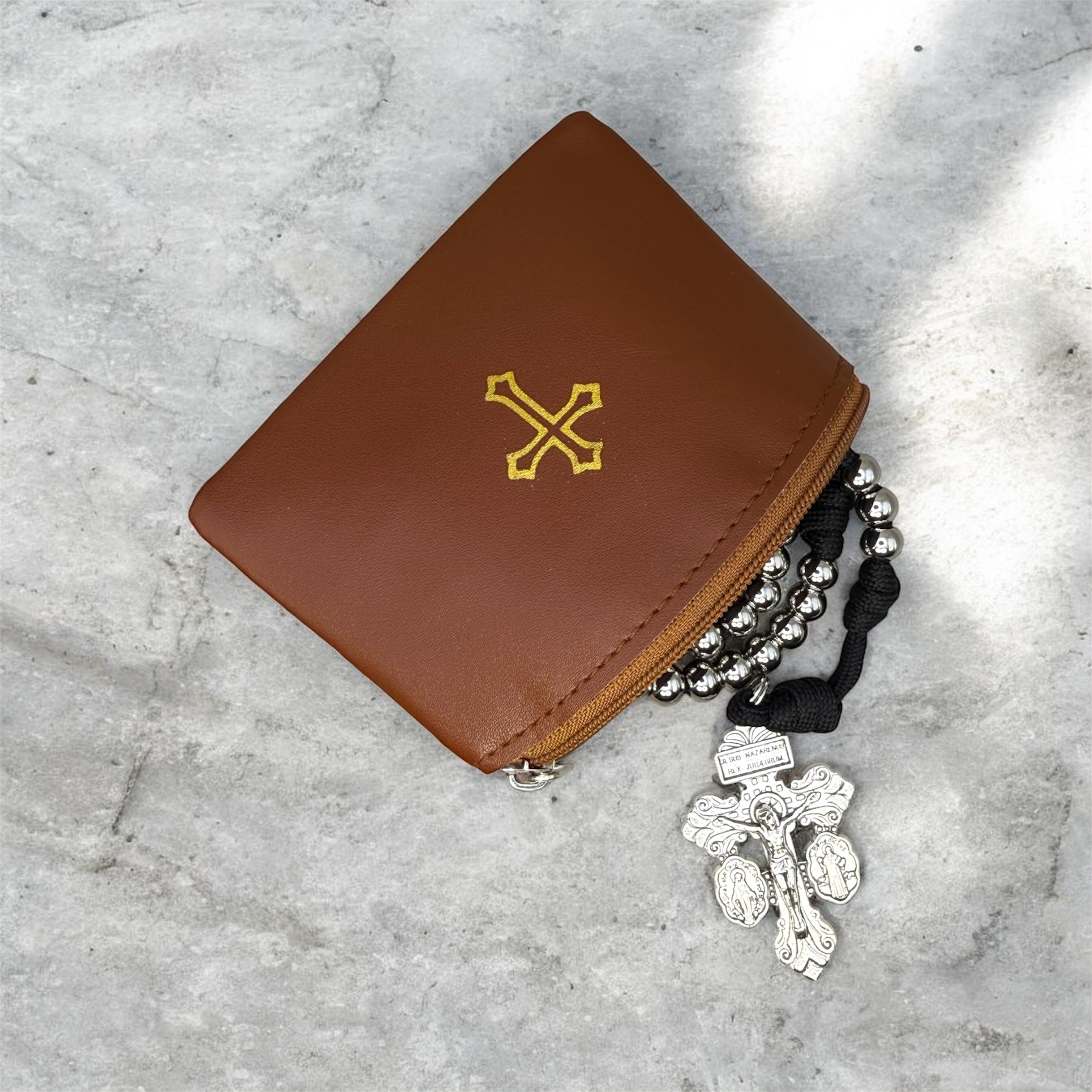 Everyday Rosary Pouch Brown/Gold Cross - Image 3