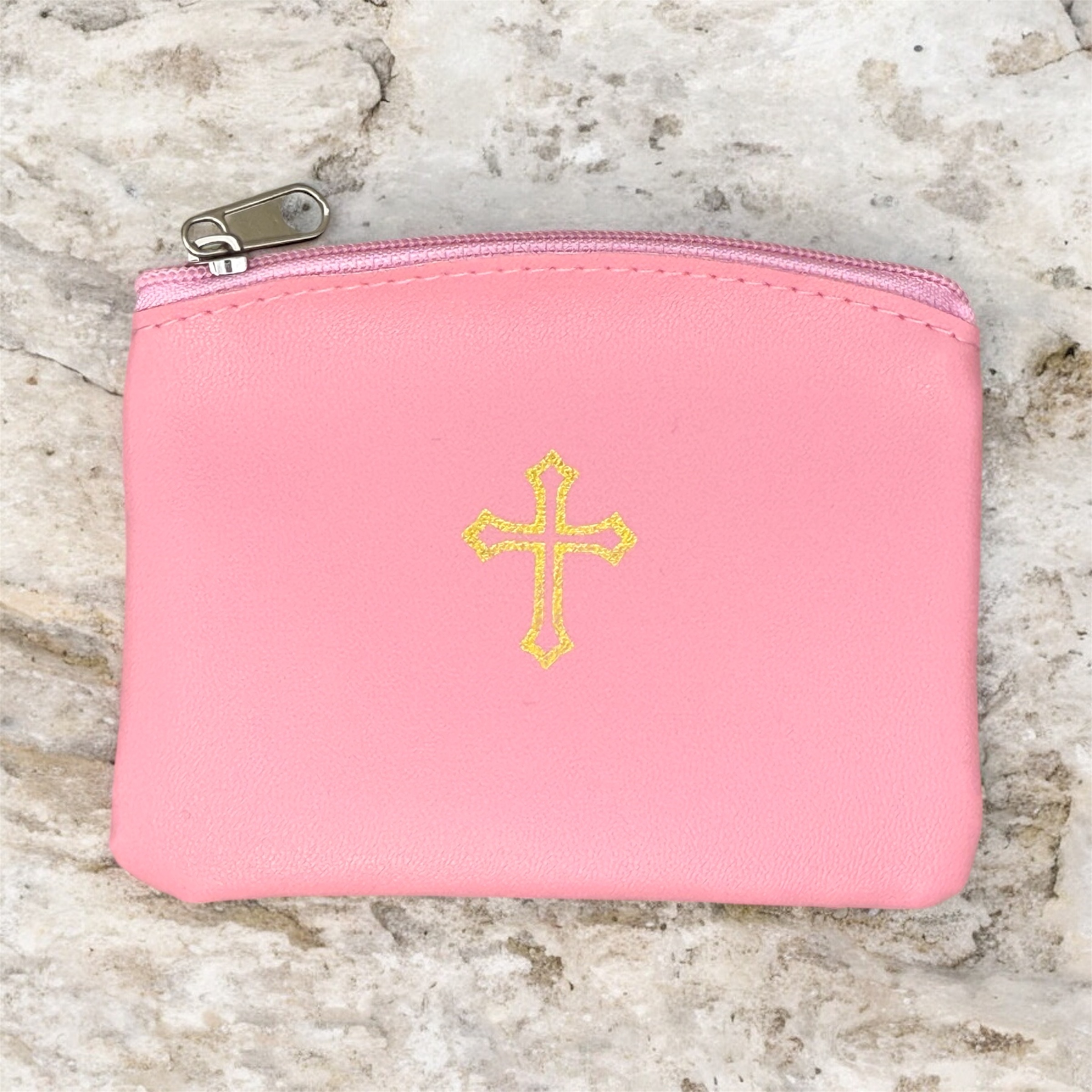 Everyday Rosary Pouch Pink/Gold Cross