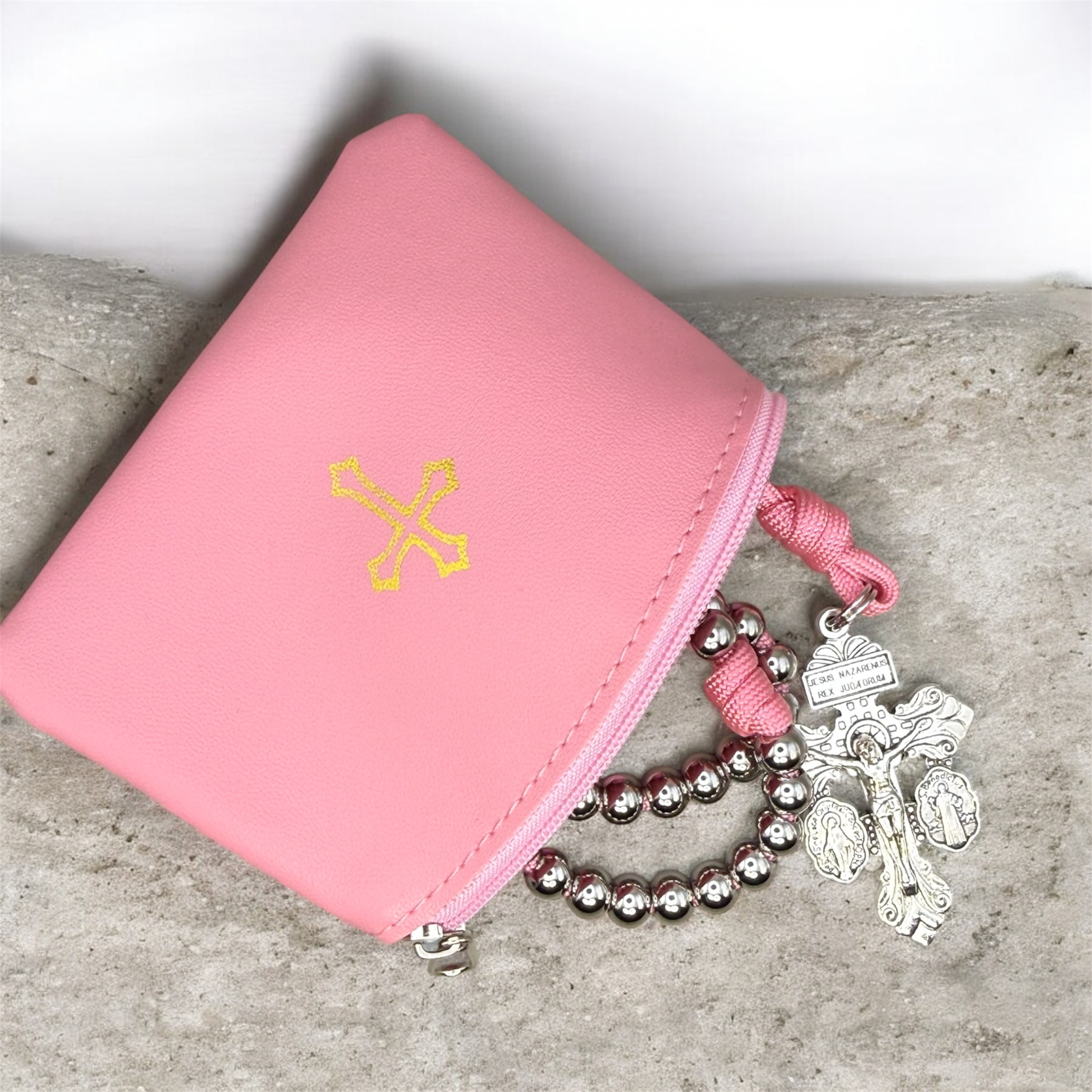Everyday Rosary Pouch Pink/Gold Cross - Image 3